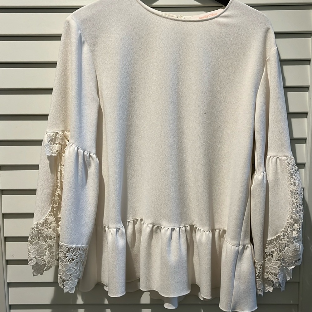 SEE BY CHLOE. Ivory long sleeve blouse with lace. Size 34.
